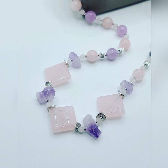 Rose Quartz, Raw Amethyst,  Zirconia Stainless steel clasp Necklace - Picture 3 of 4